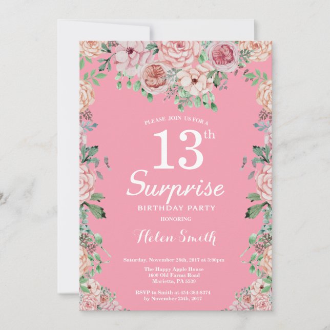 Invitación Floral Pink Peonies 13 cumpleaños sorpresa (Anverso)