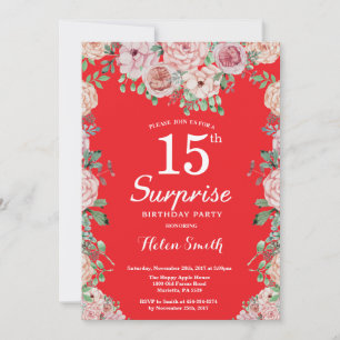 Invitación Floral Pink Peonies 15th Surprise Birthday Red