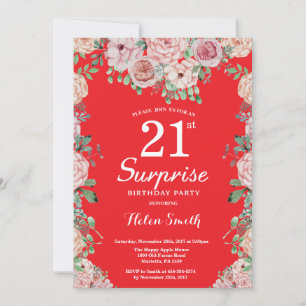 Invitación Floral Pink Peonies 21 Surprise Birthday Red