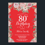 Invitación Floral Pink Peonies 80th Birthday Red<br><div class="desc">Floral Pink Peonies Invitación roja de cumpleaños número 80 para mujeres. Flor floral acuarela. Elegante rosa rosa y flores de peón. Cumpleaños de adultos. Fondo Rojo. 13.º 15.º 16.º 18.º 20.21.30.40.50.60.70.80.90.100, Cualquier Edad. Para una mayor personalización, haga clic en el botón "Personalizar" y utilice nuestra herramienta de diseño para modificar...</div>