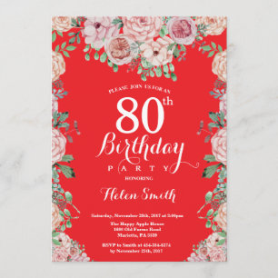 Invitación Floral Pink Peonies 80th Birthday Red