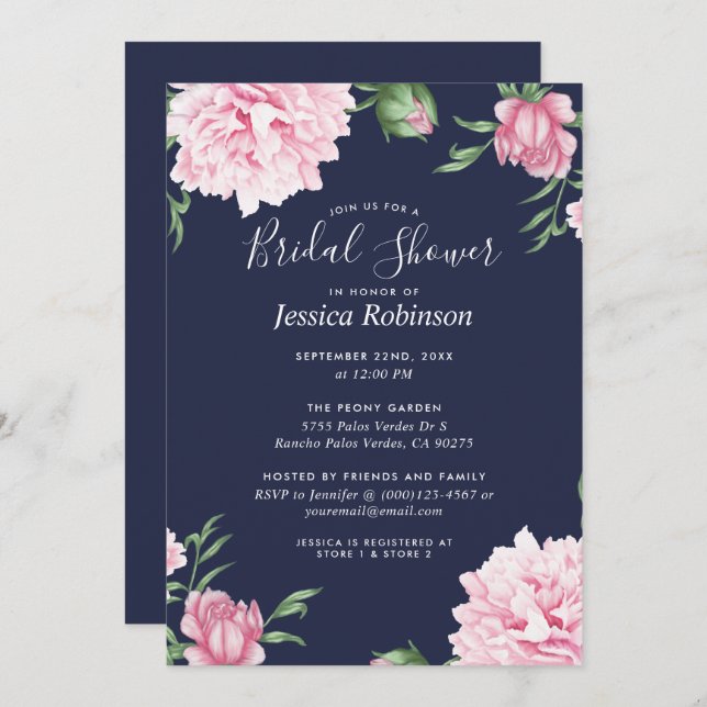 Invitación Floral Pink Peony Background Naval Bridal Shower (Anverso / Reverso)