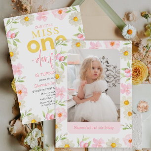 Invitación Floral Pink Photo Miss Maravilloso Primer Cumpleañ