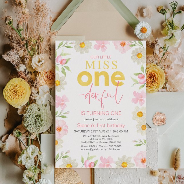 Invitación Floral Pink Spring Miss Maravilloso Primer Cumplea (Floral Miss Onederful 1st Birthday Invitation Spring Summer Girls First Birthday Invitation Template)