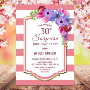 Invitación Floral Pink Striped Surprise Fiesta 30 cumpleaños