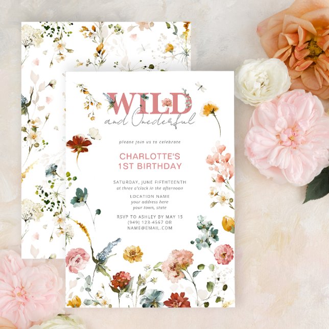 Invitación Floral Pink Wild & Onemaravilloso Chica Primer cum (Easily personalize this 1st Birthday Invitation with your details for a very special event!)