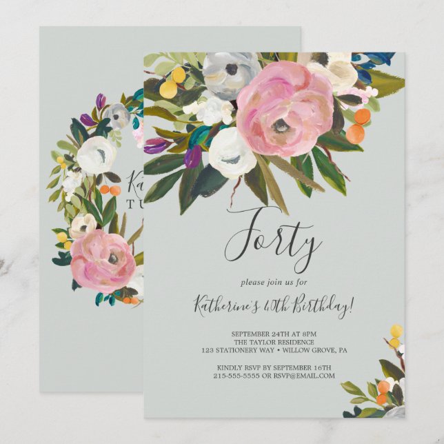 Invitación Floral pintada 40 cumpleaños (Anverso / Reverso)