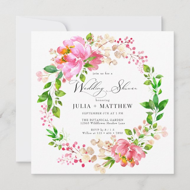 Invitación Floral pintada a mano | Ducha De Boda De Lana Rosa (Anverso)