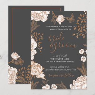 Invitación Floral pintada en tonos de color rosa y Boda marró