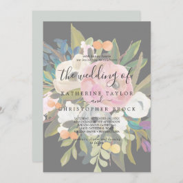 Invitación Floral pintada | Gris Oscuro Y Desvanecido El Boda