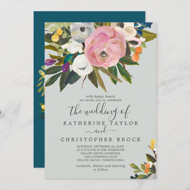 Invitación Floral pintada | Monograma El Boda De (Anverso / Reverso)