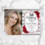 Invitación Floral Plata Blanco Roses Rojas Foto 50 cumpleaños<br><div class="desc">Elegante invitación de 50 años floral femenina con tu foto. Glam, diseño blanco y rojo con una falsa plata purpurina. Presenta rayas, rosas rojas, letra de guión y confeti. Perfecto para un elegante fiesta de celebración de cumpleaños. Personaliza con tus propios detalles. ¡Se puede personalizar para cualquier edad! Invitaciones Zazzle...</div>
