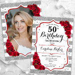 Invitación Floral Plata Blanco Roses Rojas Foto 50 cumpleaños<br><div class="desc">Elegante, floral, femenina invitación de 50 años con tu foto en la parte trasera de la tarjeta. Diseño rojo y blanco brillante con plata falsa purpurina. Presenta rayas, rosas rojas, letra de guión y confeti. Perfecto para un elegante fiesta de celebración de cumpleaños. Personaliza con tus propios detalles. ¡Se puede...</div>