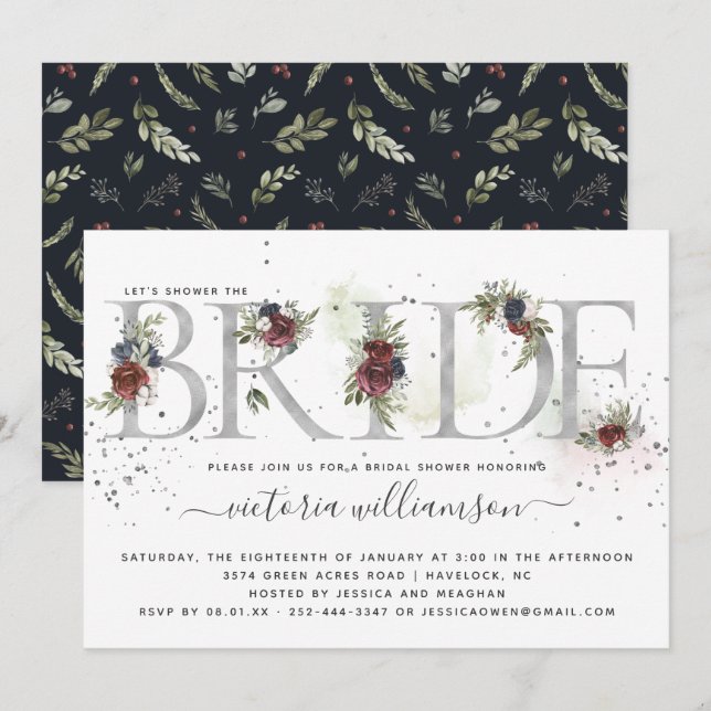 Invitación Floral Plata escarcha de invierno Ducha de novia (Anverso / Reverso)