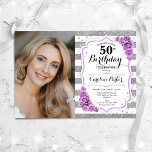 Invitación Floral Plata Púrpura Blanca Foto 50 Cumpleaños<br><div class="desc">Elegante invitación de 50 años floral femenina con tu foto. Glam, blanco y lavanda morado con falsa plata purpurina. Cuenta con rayas, rosas morados de luz clara, fuente de escritura y confeti. Perfecto para un elegante fiesta de celebración de cumpleaños. Personaliza con tus propios detalles. ¡Se puede personalizar para cualquier...</div>