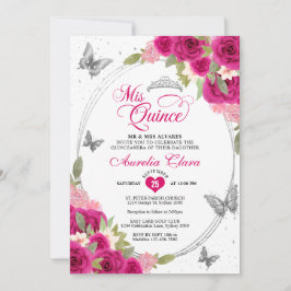 Invitación Floral Plata Rosa Tiara Mariposa Mis Quinceañera