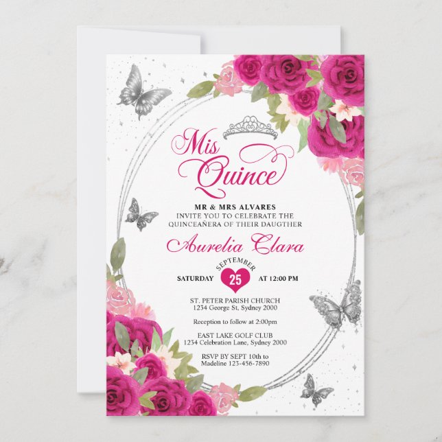 Invitación Floral Plata Rosa Tiara Mariposa Mis Quinceañera (Anverso)