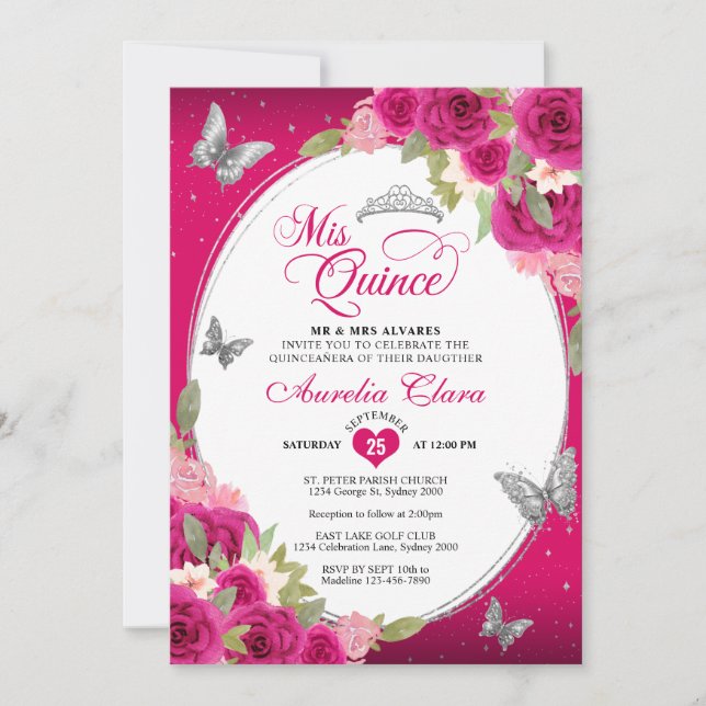 Invitación Floral Plata Rosa Tiara Mariposa Mis Quinceañera (Anverso)