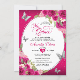 Invitación Floral Plata Rosa Tiara Mariposa Mis Quinceañera