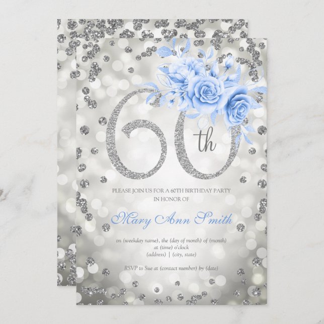 Invitación Floral plateada 60° cumpleaños luces azules (Anverso / Reverso)