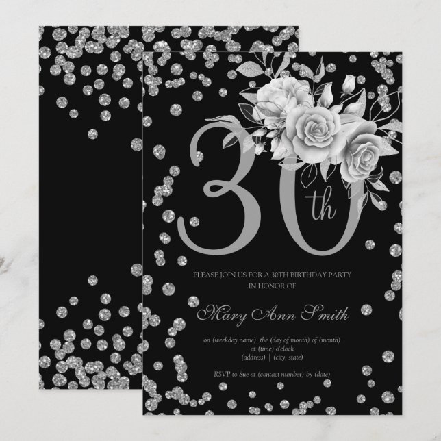 Invitación Floral plateada y Confetti 30 cumpleaños Fiesta ne (Anverso / Reverso)