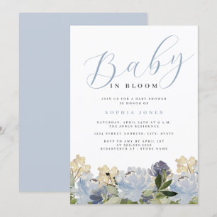 Invitación Floral Polvo Azul Niño Bebé en Flor Baby Shower