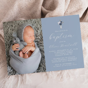 Invitación Floral Polvo Azul Plateado Cruz Foto Bautizo Niños