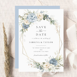 Invitación Floral Polvo Azul Verde Bodas Guardar La Fecha