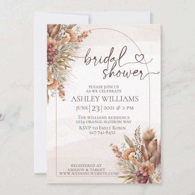Invitación floral Pompas césped boho novia ducha (Anverso)