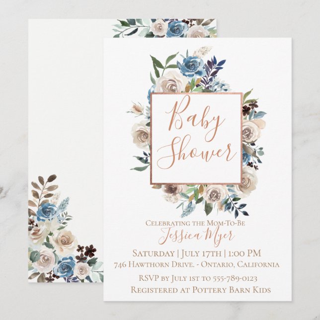 Invitación floral poner crema azul polvorienta de (Anverso / Reverso)