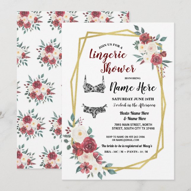Invitación Floral poner crema rojo de la acuarela del oro de (Anverso / Reverso)