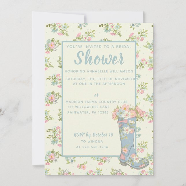 Invitación Floral Primavera Azul Lluvia Boda Ducha (Anverso)