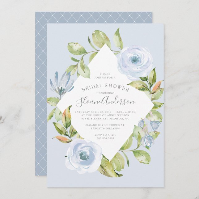 Invitación Floral Primavera Diamante Duste Blue Bridal Shower (Anverso / Reverso)