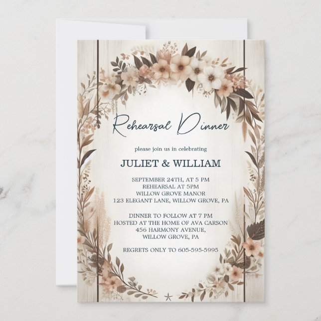 Invitación Floral Primavera Madera Boho Ensayo Rústico Cena (Anverso)