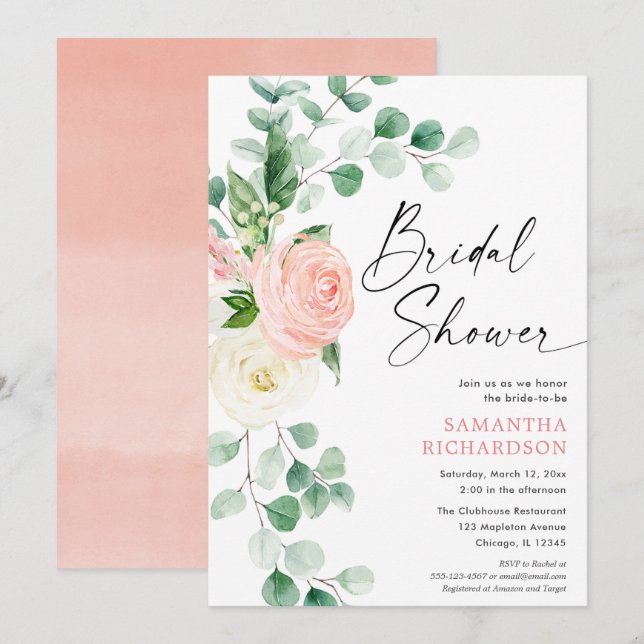 Invitación Floral primavera ruidosa verde rosa ducha de novia (Anverso / Reverso)