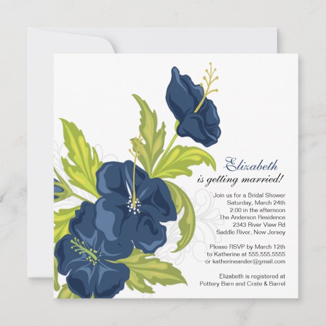 Invitación Floral primaveral ducha nupcial, azul marino (Anverso)