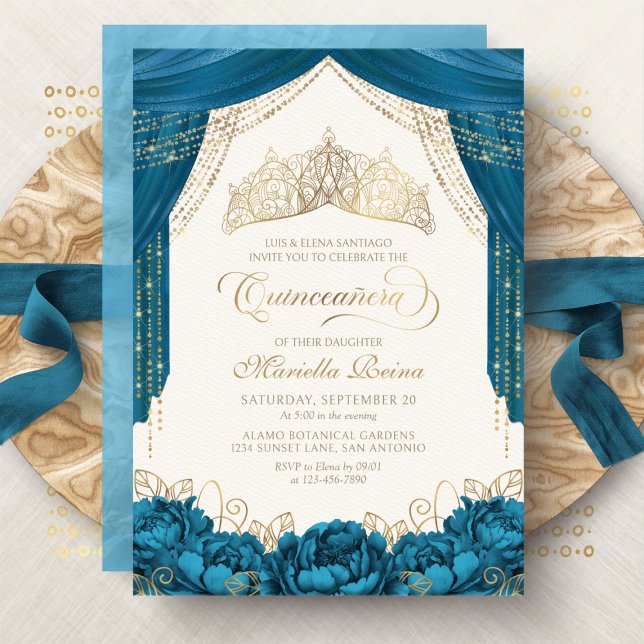Invitación Floral Princesa Corona Verde azulada Quinceanera (Subido por el creador)