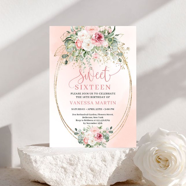 Invitación Floral Princess Blush Gold Sweet 16 Party Invites (Floral Princess Blush Gold Sweet 16 Party Invitation)