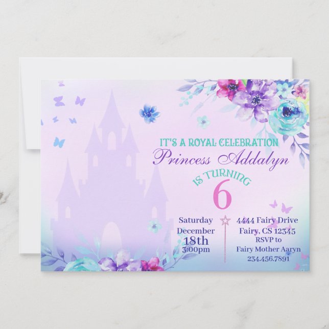 Invitación Floral Princess Castle Watercolor 6 cumpleaños  (Anverso)