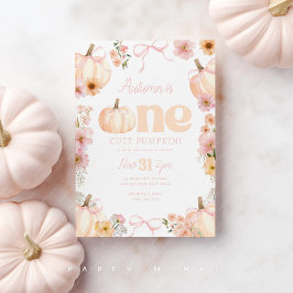 Invitación Floral pumpkin 1st Birthday Orange Pink Bow