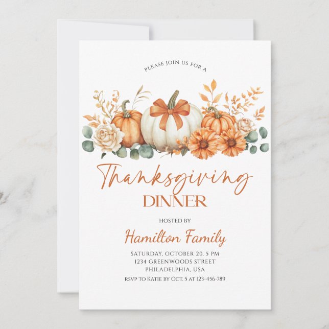 Invitación Floral pumpkin Thanksgiving Dinner party (Anverso)