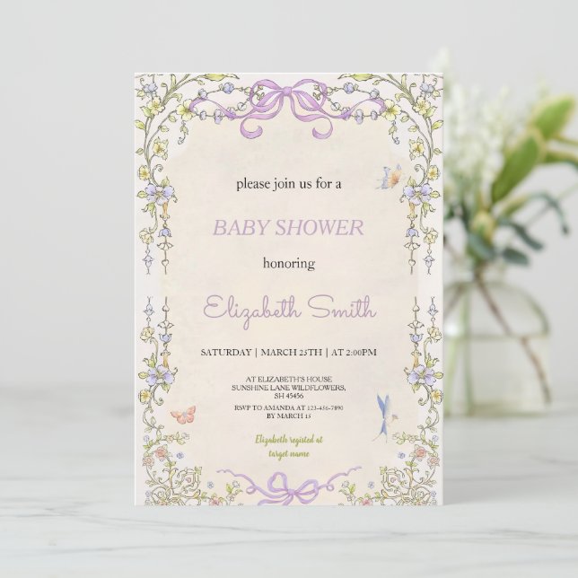 Invitación Floral purple babyshower party invitation (Anverso de pie)
