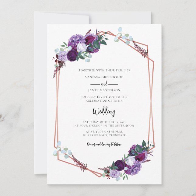 Invitación Floral Purple Bloom Script Boda moderno (Anverso)