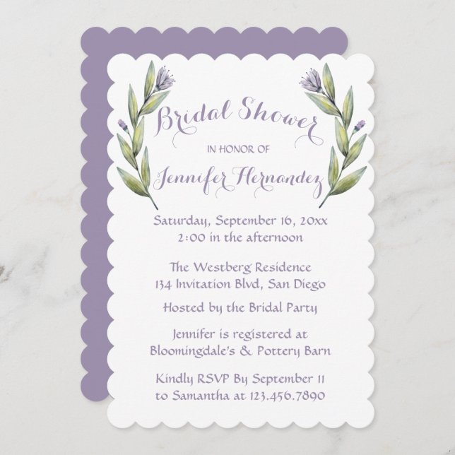 Invitación Floral Purple Bridal Shower Watercolor Letras (Anverso / Reverso)