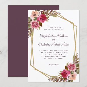 Invitación Floral Purple Cassis Boda Moda Marco dorado