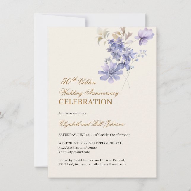 Invitación Floral Purple Gold 50 aniversario Boda (Anverso)