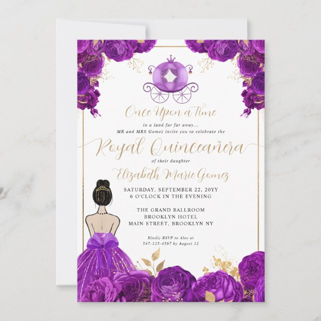 Invitación Floral Purple Gold Cinderella Royal Quinceanera (Anverso)