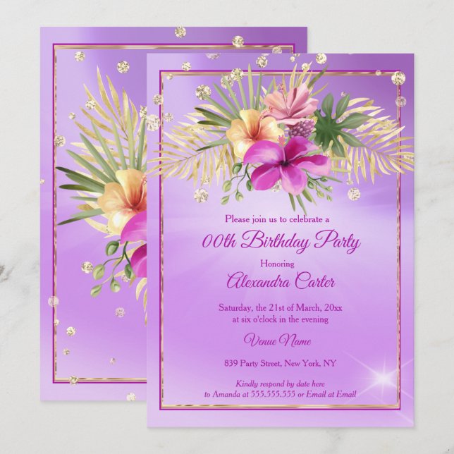 Invitación Floral Purple Gold Hibiscus Birday Party (Anverso / Reverso)