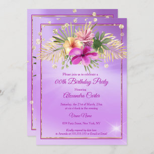 Invitación Floral Purple Gold Hibiscus Birday Party