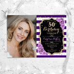 Invitación Floral Purple Gold Photo 50th Birthday<br><div class="desc">Elegante invitación de 50 años floral femenina con tu foto. Diseño dorado morado, negro y blanco con falso oro purpurina. Cuenta con rayas, rosas de lavanda, fuente de guiones y confeti. Perfecto para un elegante fiesta de celebración de cumpleaños. Personaliza con tus propios detalles. ¡Se puede personalizar para cualquier edad!...</div>